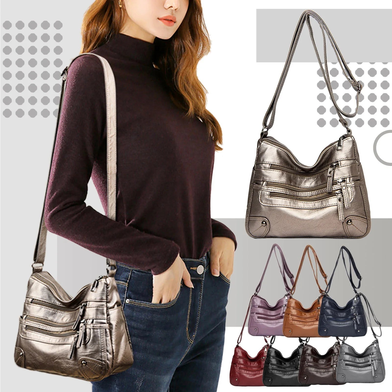 Purse for Women Soft PU Leather Multi Pockets Crossbody Shoulder Bag Lightweight Handbags Pocketbook - thewrightstore