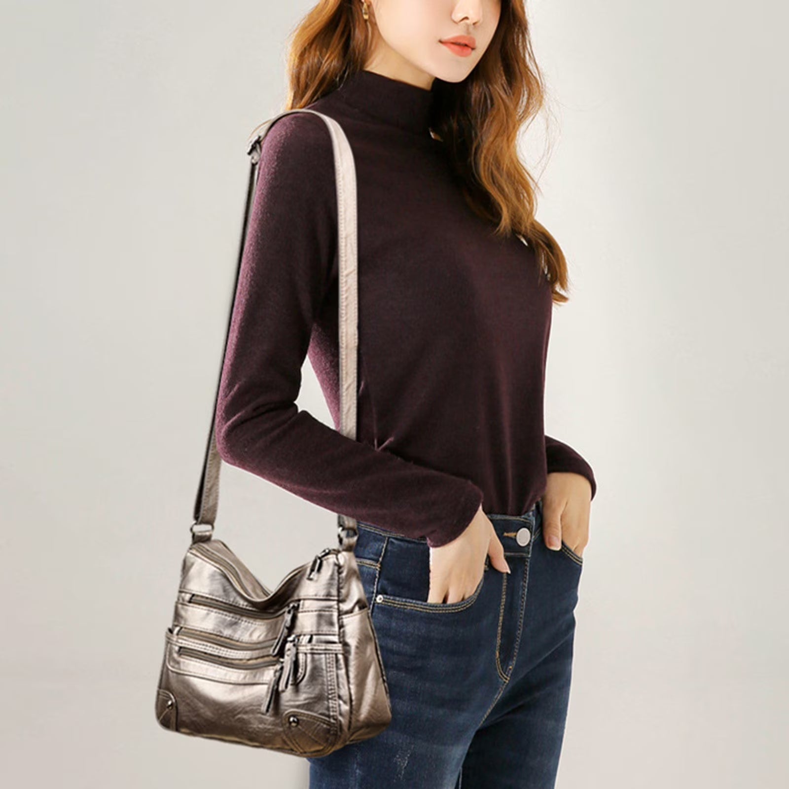Purse for Women Soft PU Leather Multi Pockets Crossbody Shoulder Bag Lightweight Handbags Pocketbook - thewrightstore