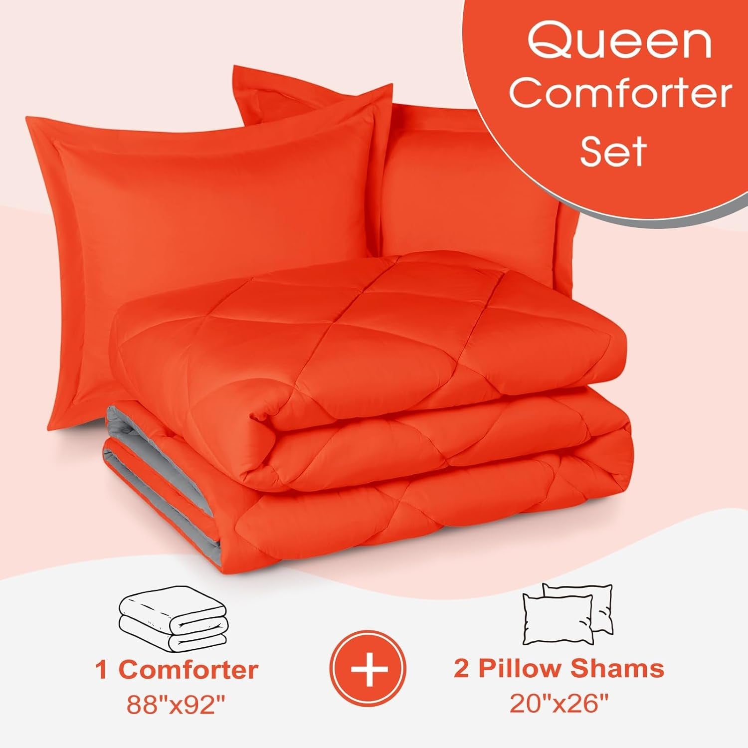 Queen Comforter Set - Orange Comforter Set Queen, Reversible Bed Comforter Queen Set for All Seasons, Flame/Charcoal Gray, 1 Comforter (88"X92") and 2 Pillow Shams (20"X26"+2") - thewrightstore