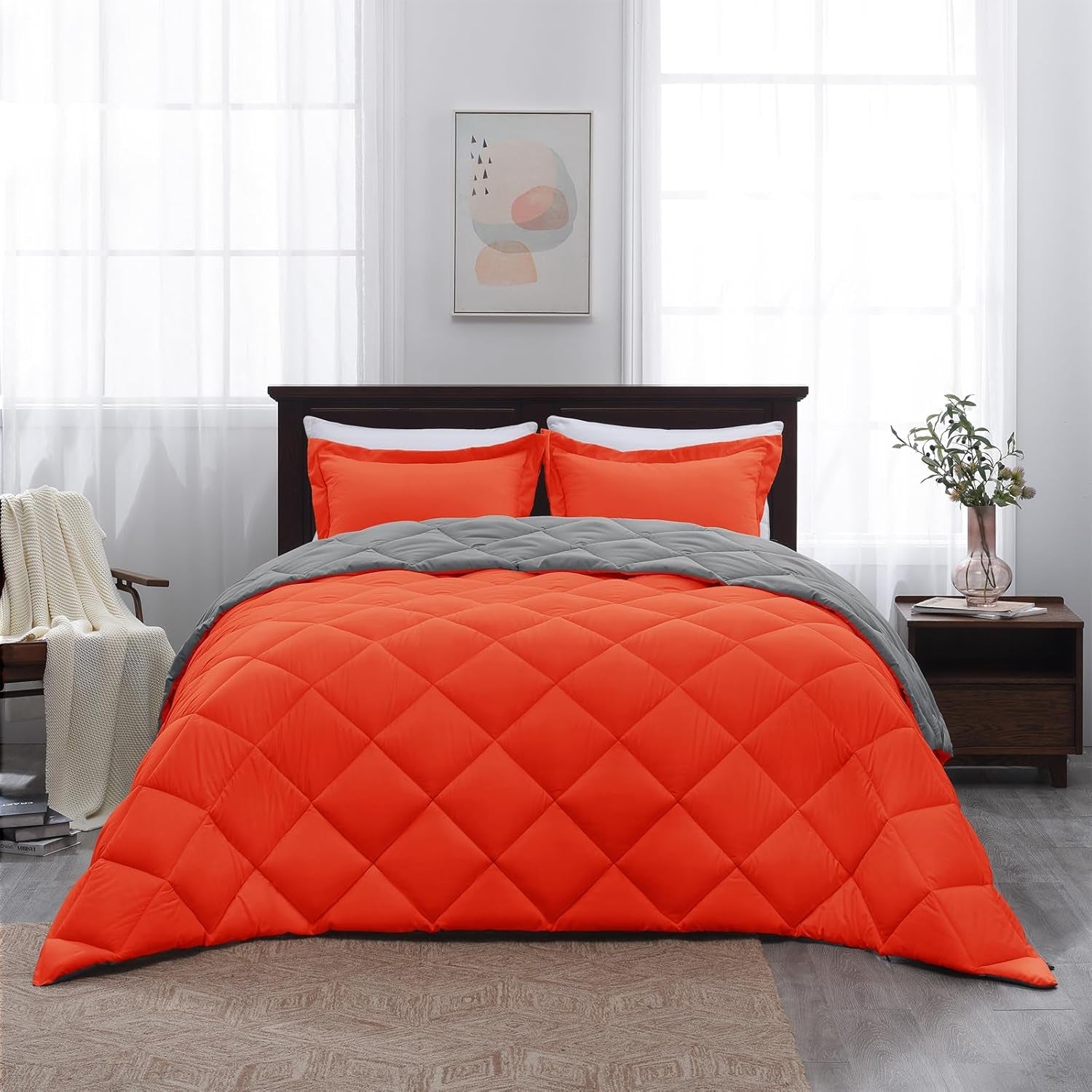 Queen Comforter Set - Orange Comforter Set Queen, Reversible Bed Comforter Queen Set for All Seasons, Flame/Charcoal Gray, 1 Comforter (88"X92") and 2 Pillow Shams (20"X26"+2") - thewrightstore
