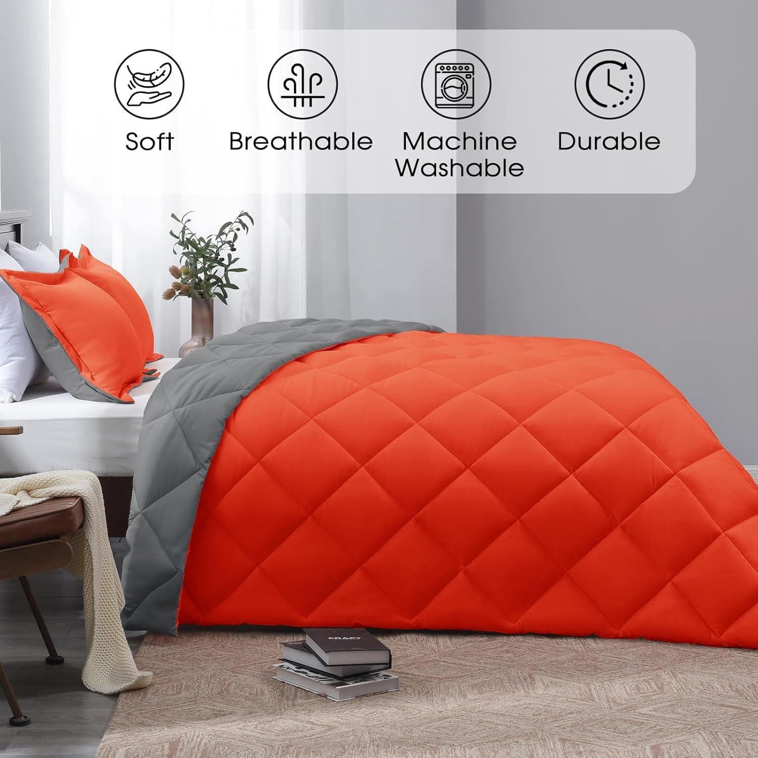 Queen Comforter Set - Orange Comforter Set Queen, Reversible Bed Comforter Queen Set for All Seasons, Flame/Charcoal Gray, 1 Comforter (88"X92") and 2 Pillow Shams (20"X26"+2") - thewrightstore