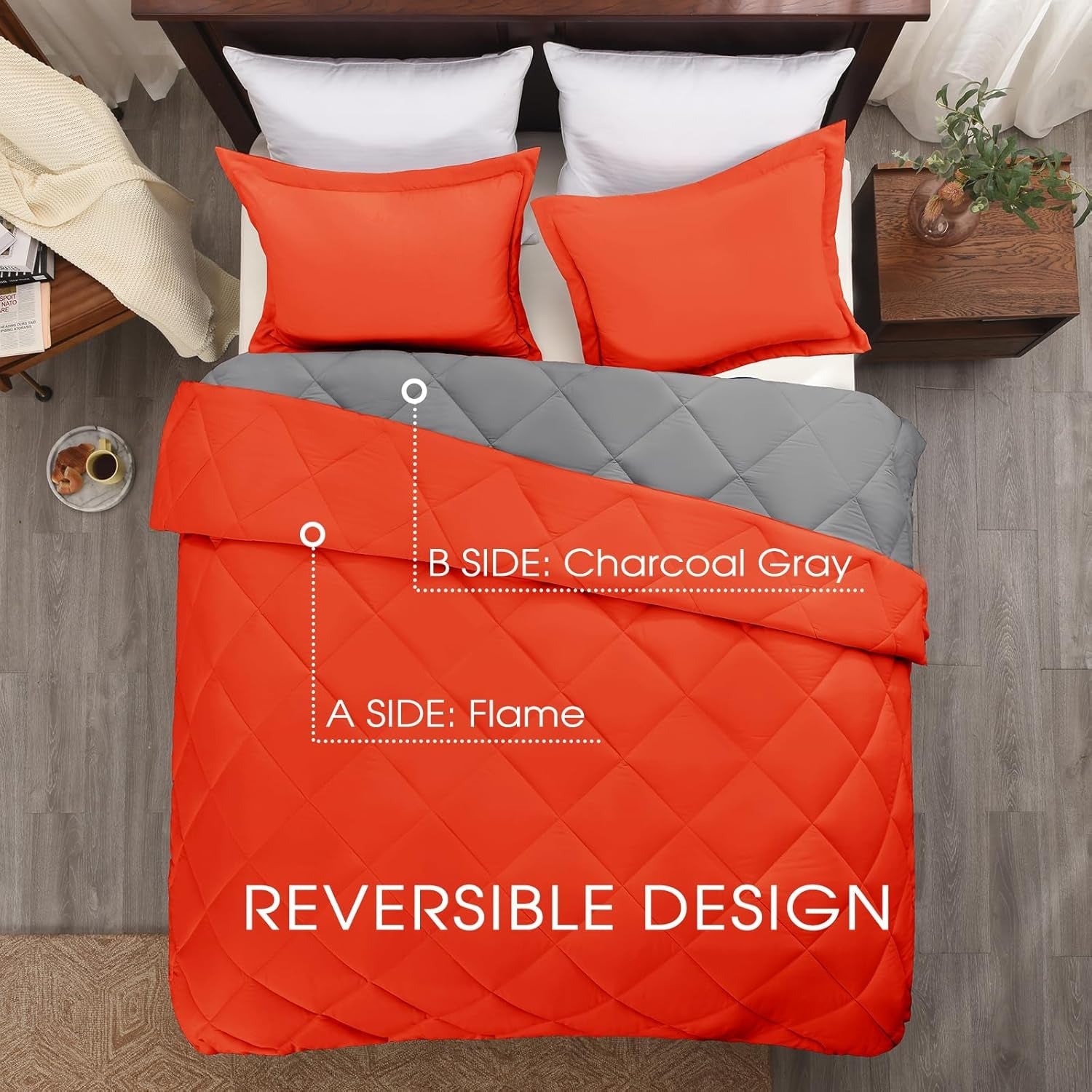Queen Comforter Set - Orange Comforter Set Queen, Reversible Bed Comforter Queen Set for All Seasons, Flame/Charcoal Gray, 1 Comforter (88"X92") and 2 Pillow Shams (20"X26"+2") - thewrightstore