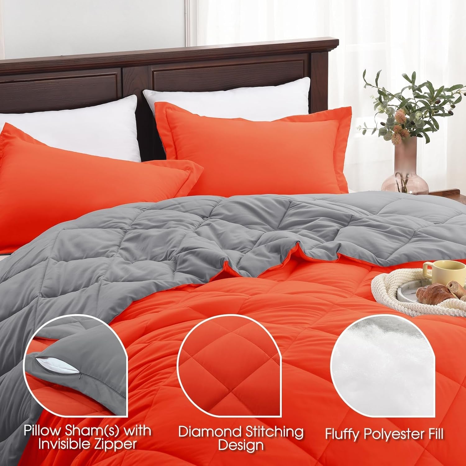 Queen Comforter Set - Orange Comforter Set Queen, Reversible Bed Comforter Queen Set for All Seasons, Flame/Charcoal Gray, 1 Comforter (88"X92") and 2 Pillow Shams (20"X26"+2") - thewrightstore