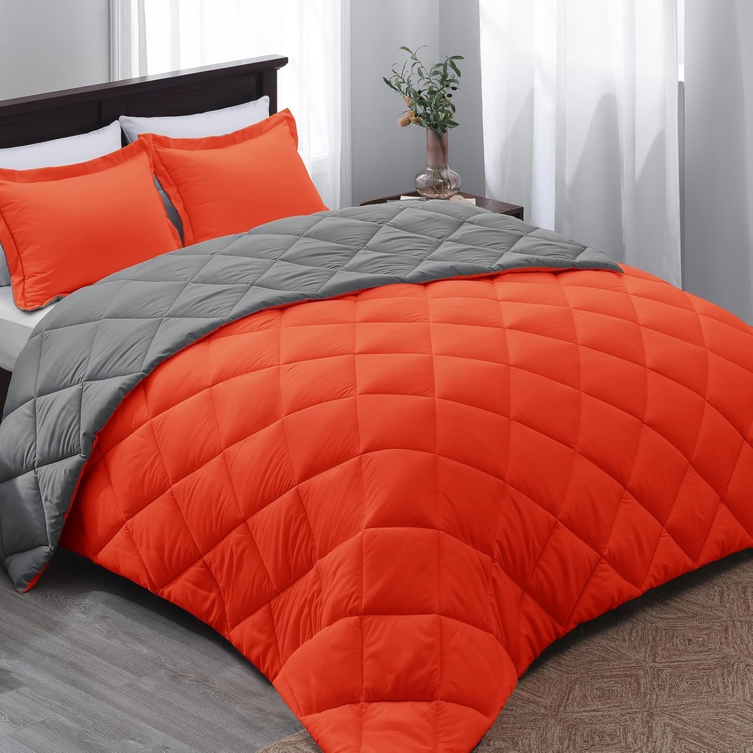 Queen Comforter Set - Orange Comforter Set Queen, Reversible Bed Comforter Queen Set for All Seasons, Flame/Charcoal Gray, 1 Comforter (88"X92") and 2 Pillow Shams (20"X26"+2") - thewrightstore