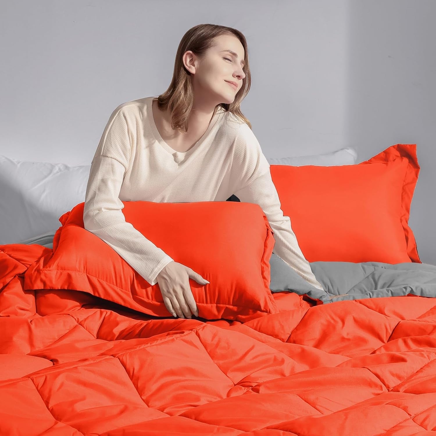Queen Comforter Set - Orange Comforter Set Queen, Reversible Bed Comforter Queen Set for All Seasons, Flame/Charcoal Gray, 1 Comforter (88"X92") and 2 Pillow Shams (20"X26"+2") - thewrightstore