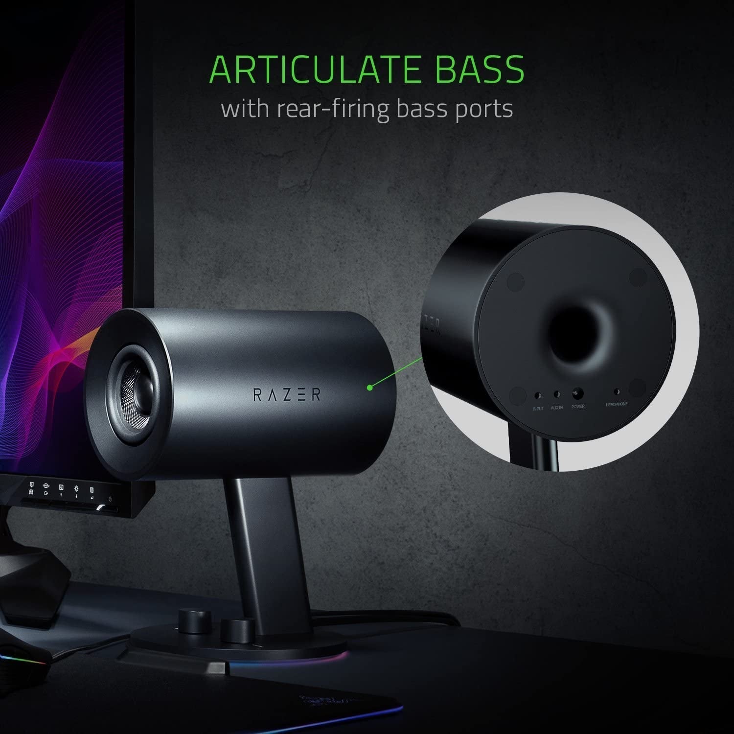 Razer Nommo Chroma 2.0 PC Gaming Speakers - Custom Woven 3" Glass Fiber Drivers, Rear-Facing Bass Ports, Bass Knob with Automatic Gain Control, Chroma Enabled, Black - thewrightstore
