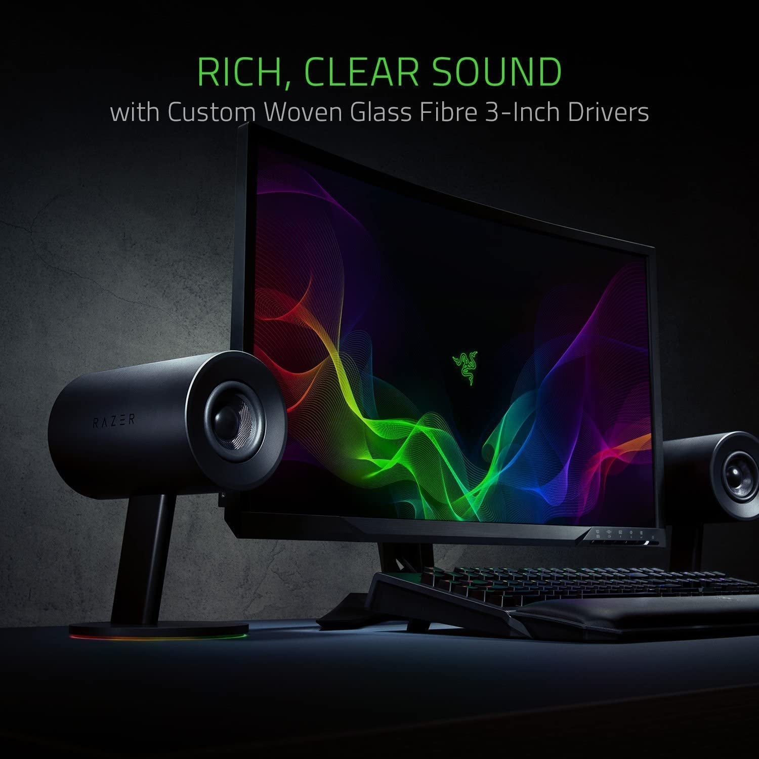 Razer Nommo Chroma 2.0 PC Gaming Speakers - Custom Woven 3" Glass Fiber Drivers, Rear-Facing Bass Ports, Bass Knob with Automatic Gain Control, Chroma Enabled, Black - thewrightstore