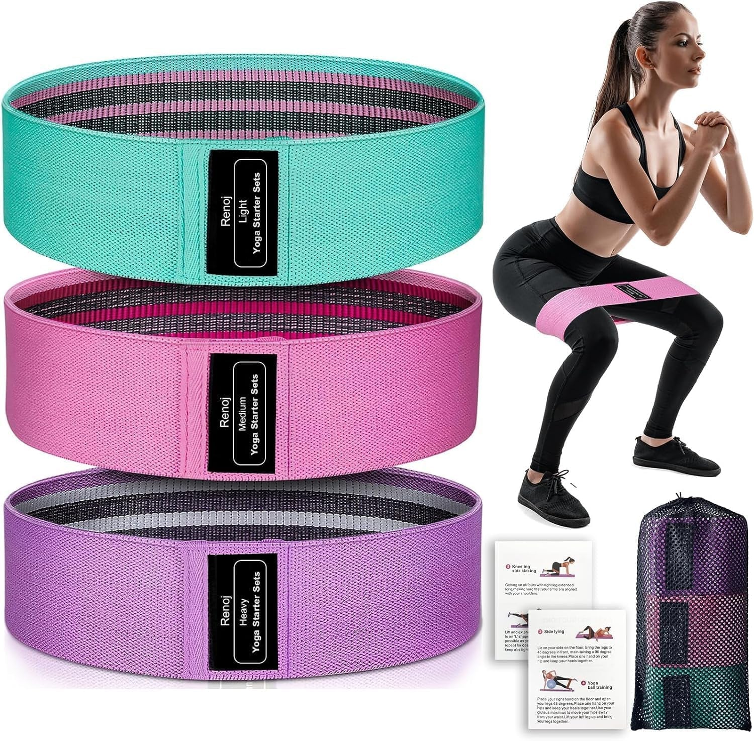 Renoj Professional Resistance Bands Set: 3 Fabric Loops for Pilates, Yoga, Home Gym, and Leg Training - Heavy, Medium, and Light Resistance for All Fitness Levels - thewrightstore