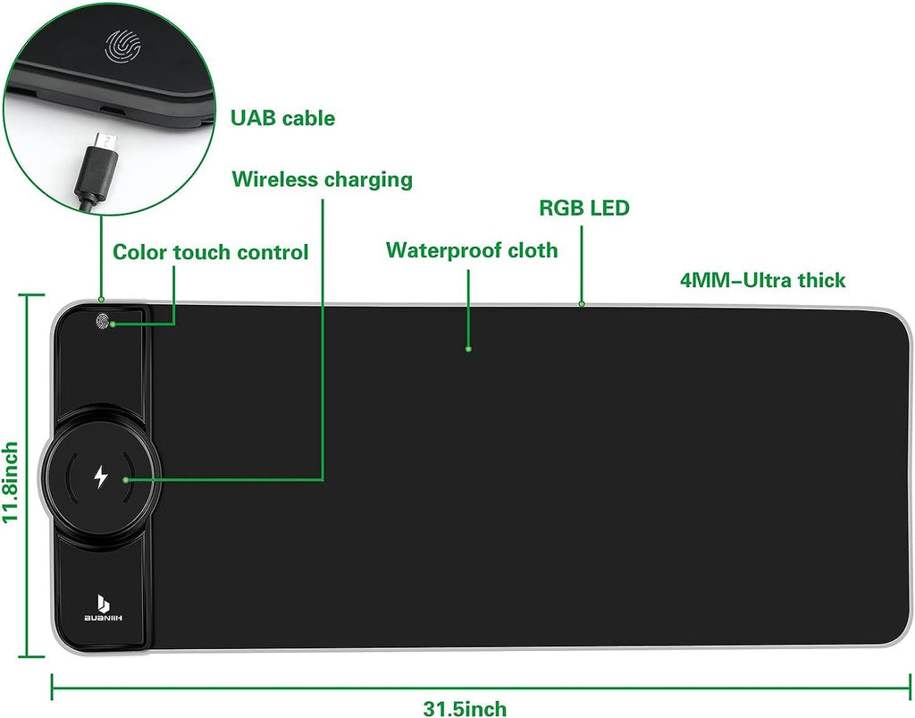 RGB Gaming Mouse Pad with 15W Wireless Charging, Extended Desk Mat 31.5 x 11.8 Inch, LED Mouse Pad with 10 Lighting Modes, Non - Slip Base for Keyboard, Mouse - thewrightstore