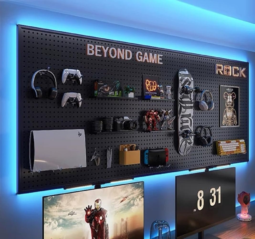 RGB Gaming Pegboard Wall Organizer with Metal Panels and Hooks, 12x24 Setup - thewrightstore