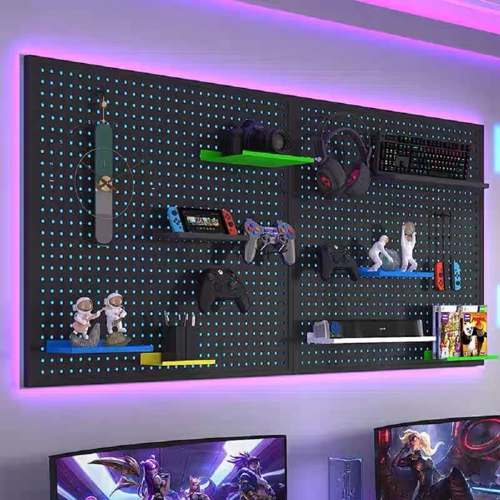 RGB Gaming Pegboard Wall Organizer with Metal Panels and Hooks, 12x24 Setup - thewrightstore