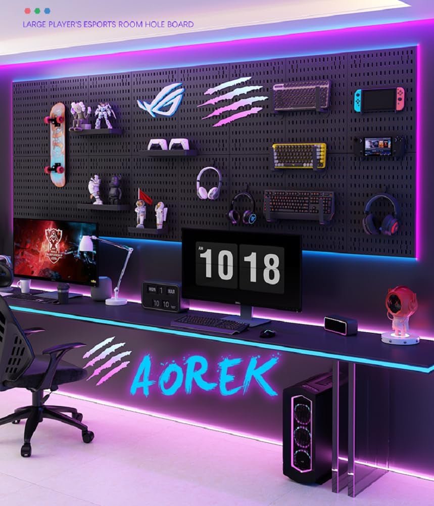RGB Gaming Pegboard Wall Organizer with Metal Panels and Hooks, 12x24 Setup - thewrightstore