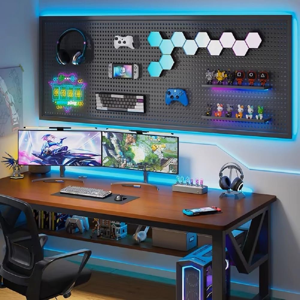 RGB Gaming Pegboard Wall Organizer with Metal Panels and Hooks, 12x24 Setup - thewrightstore