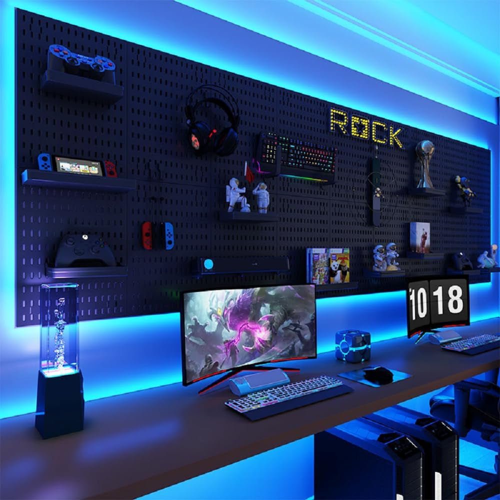 RGB Gaming Pegboard Wall Organizer with Metal Panels and Hooks, 12x24 Setup - thewrightstore