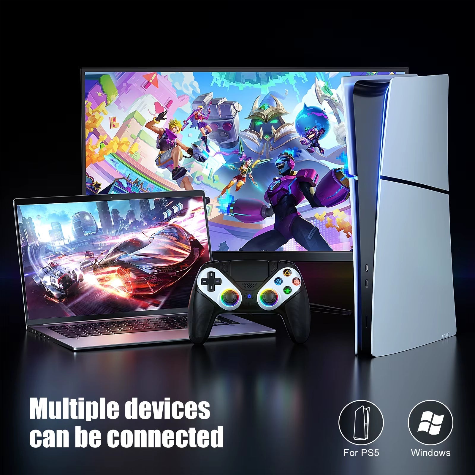 RGB Wireless Controller Compatible with PS5 and PC, Hall Effect Triggers, Programmable Buttons, Turbo Mode, Dual Vibration Gamepad - thewrightstore
