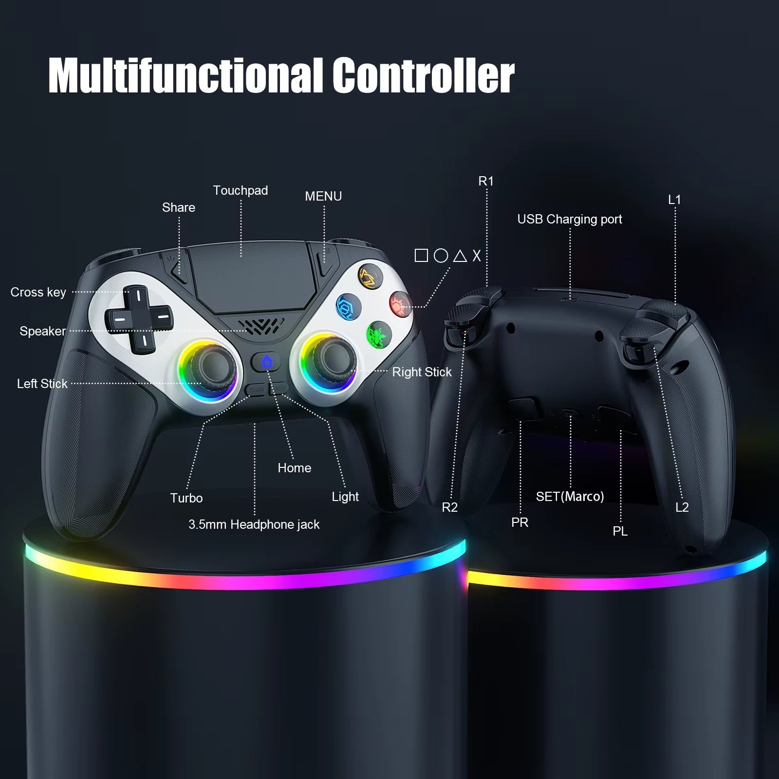 RGB Wireless Controller Compatible with PS5 and PC, Hall Effect Triggers, Programmable Buttons, Turbo Mode, Dual Vibration Gamepad - thewrightstore