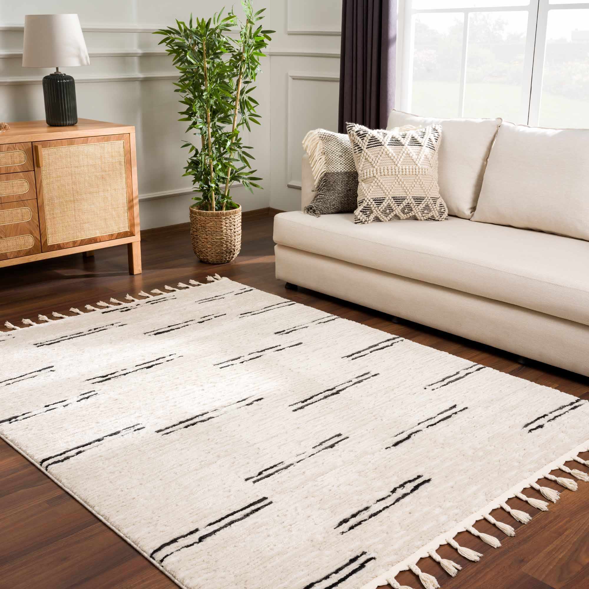 Riad Black Striped White Rug with Tassels - thewrightstore