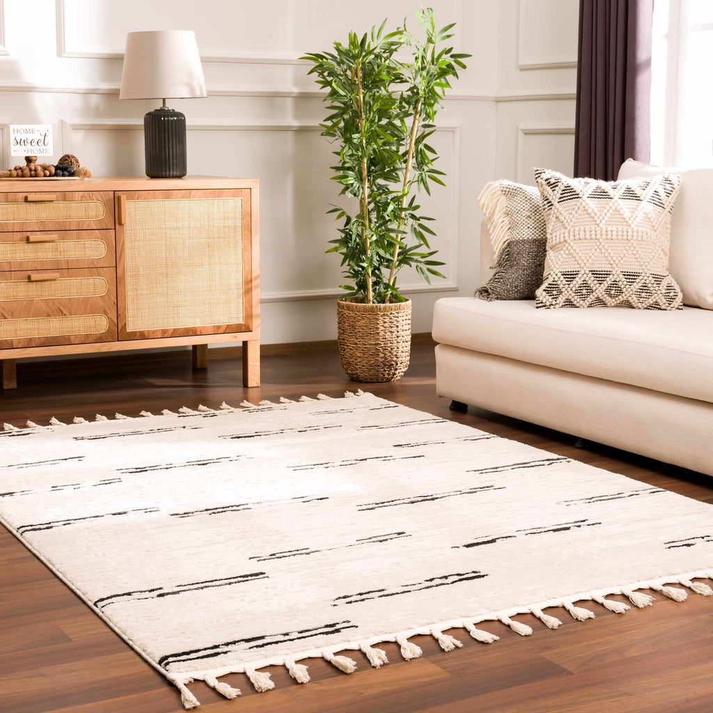 Riad Black Striped White Rug with Tassels - thewrightstore