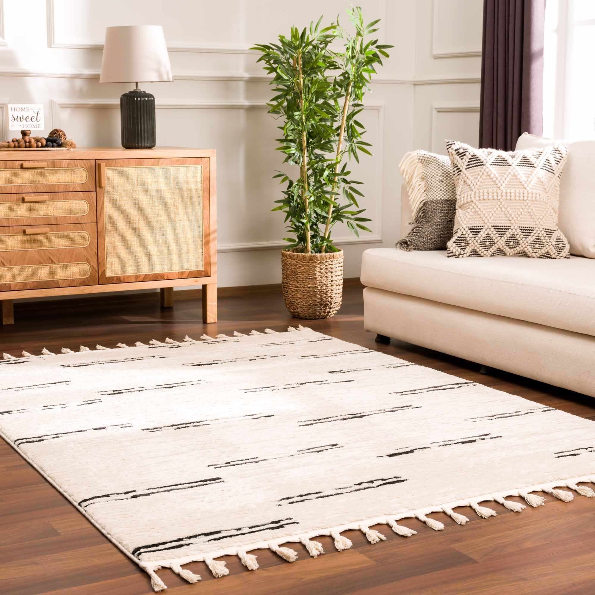 Riad Black Striped White Rug with Tassels - thewrightstore
