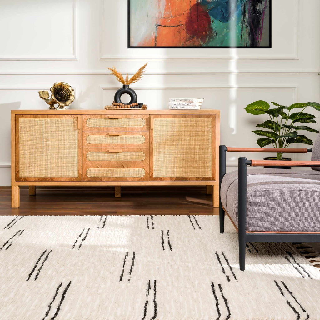Riad Black Striped White Rug with Tassels - thewrightstore