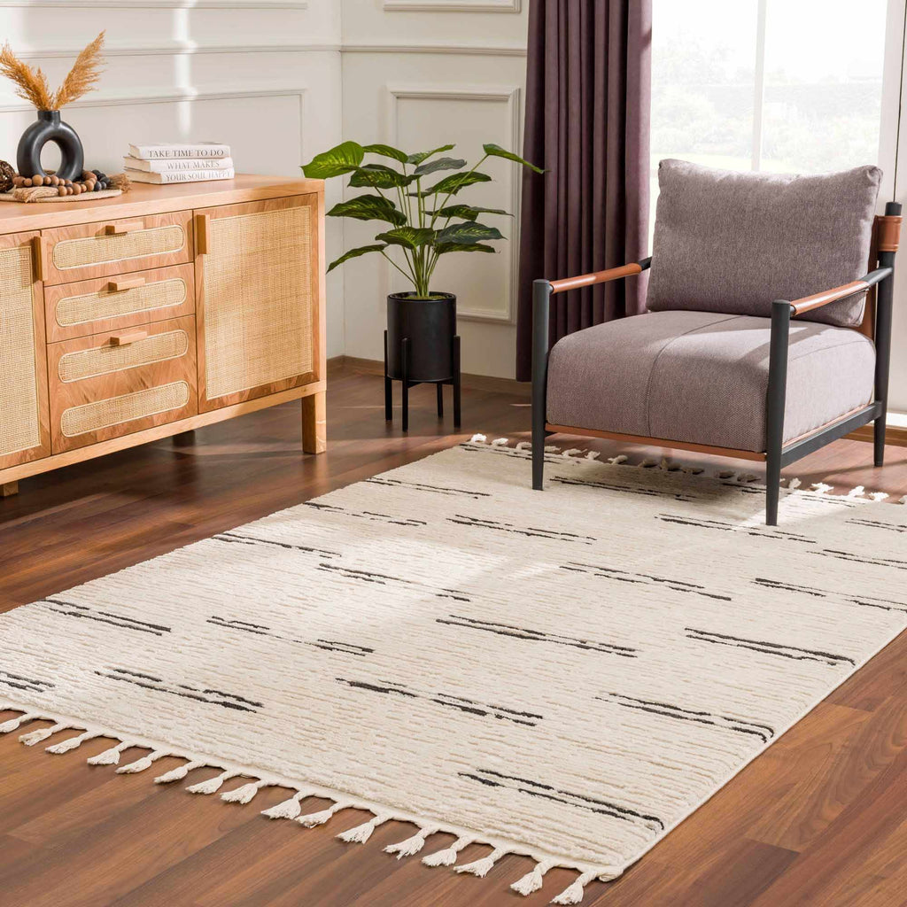 Riad Black Striped White Rug with Tassels - thewrightstore