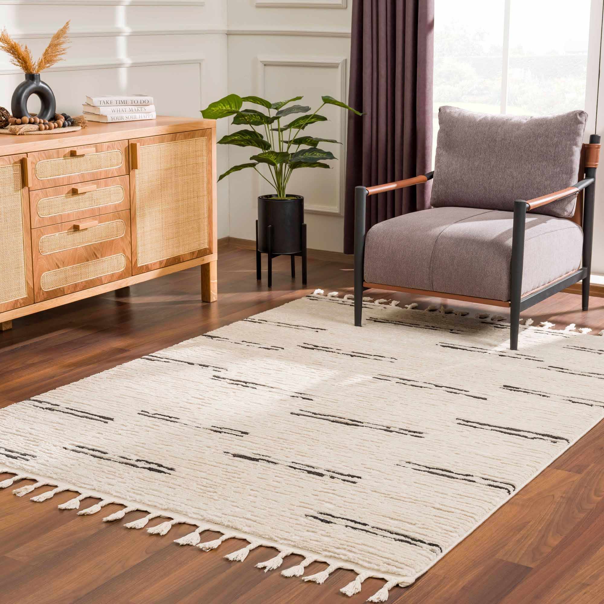 Riad Black Striped White Rug with Tassels - thewrightstore