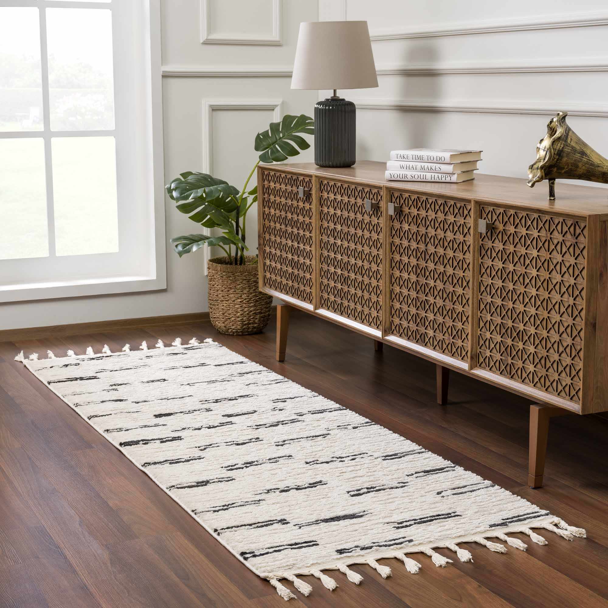 Riad Black Striped White Rug with Tassels - thewrightstore