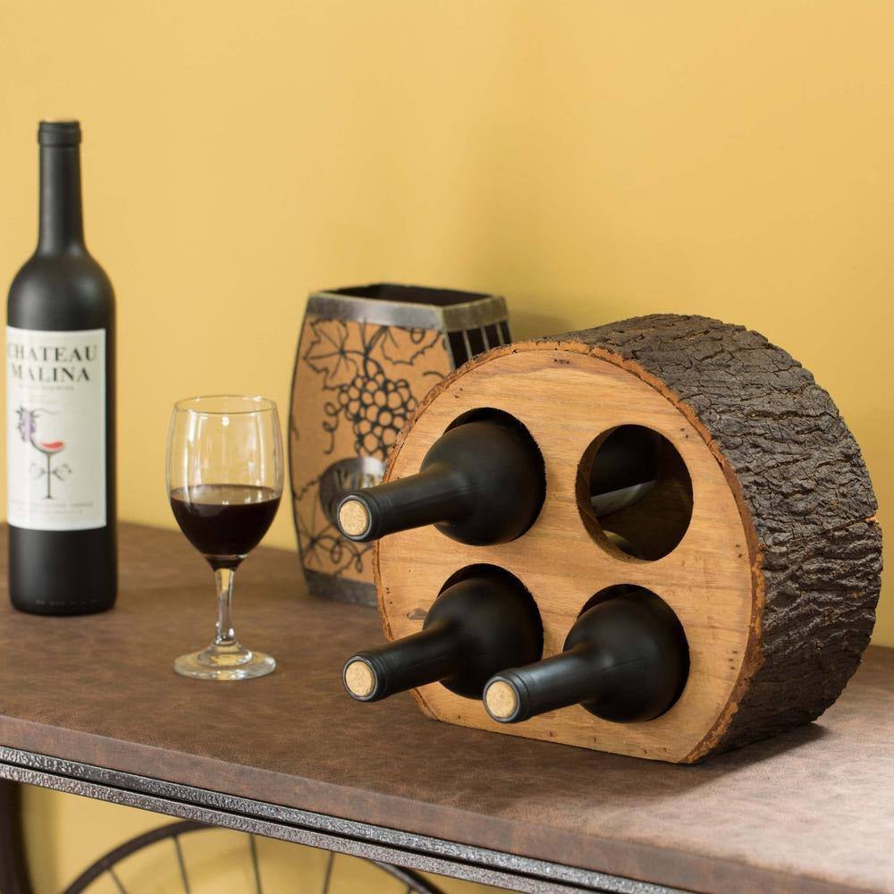 Round Wood Log Style with Bark 4 - Bottle Countertop Wine Rack Holder - thewrightstore