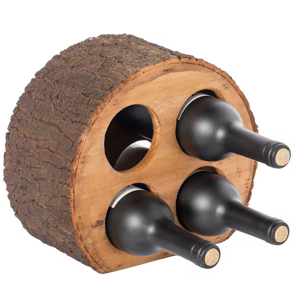 Round Wood Log Style with Bark 4 - Bottle Countertop Wine Rack Holder - thewrightstore