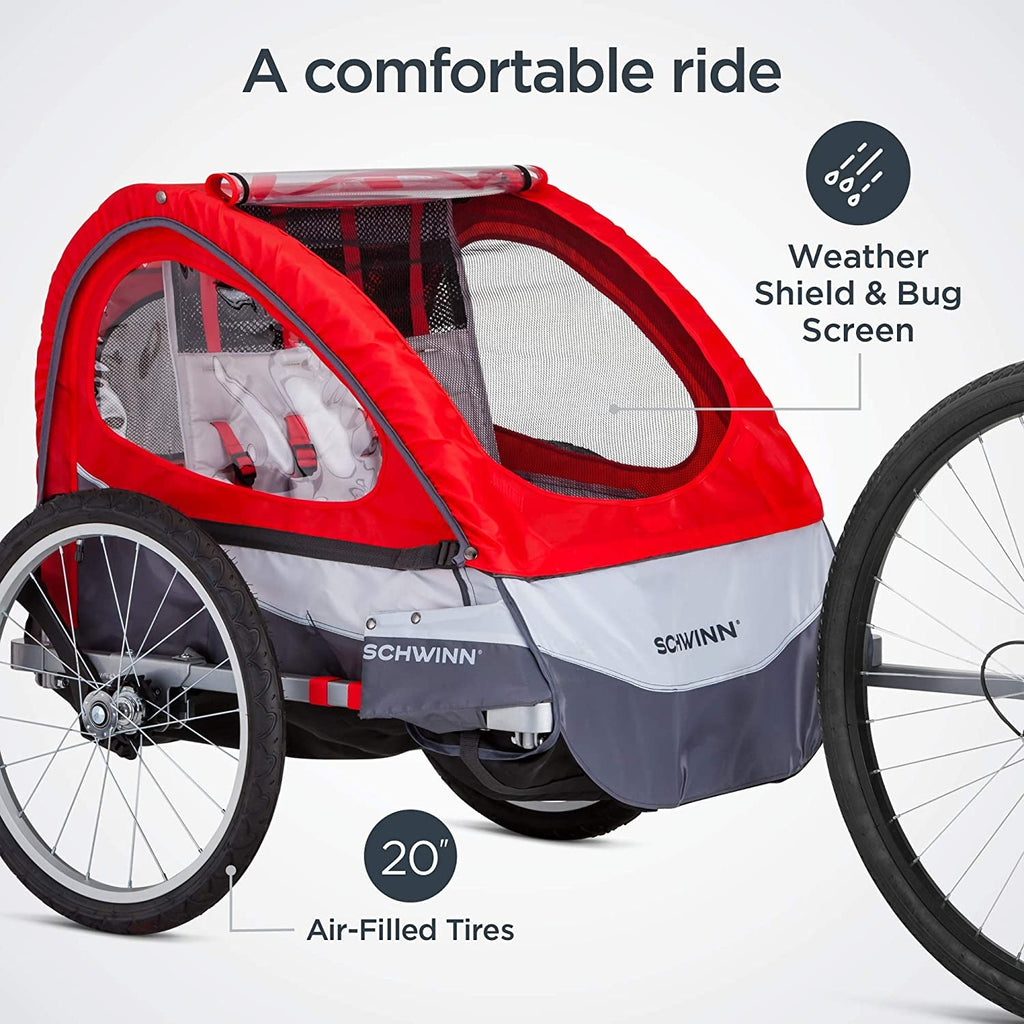 Schwinn Trailblazer Double Child Bike Trailer for Two Children, Maximum Capacity 80 lbs, Canopy, 20-Inch Air-Filled Tires, Red - thewrightstore