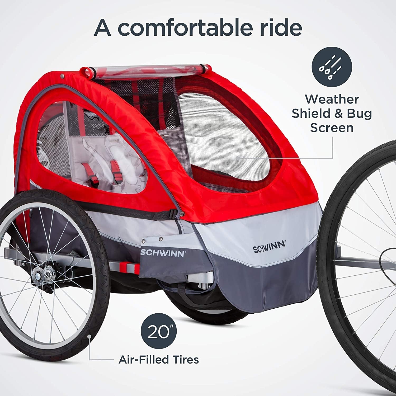 Schwinn Trailblazer Double Child Bike Trailer for Two Children, Maximum Capacity 80 lbs, Canopy, 20-Inch Air-Filled Tires, Red - thewrightstore