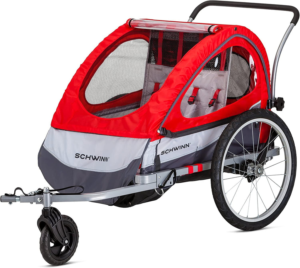 Schwinn Trailblazer Double Child Bike Trailer for Two Children, Maximum Capacity 80 lbs, Canopy, 20-Inch Air-Filled Tires, Red - thewrightstore