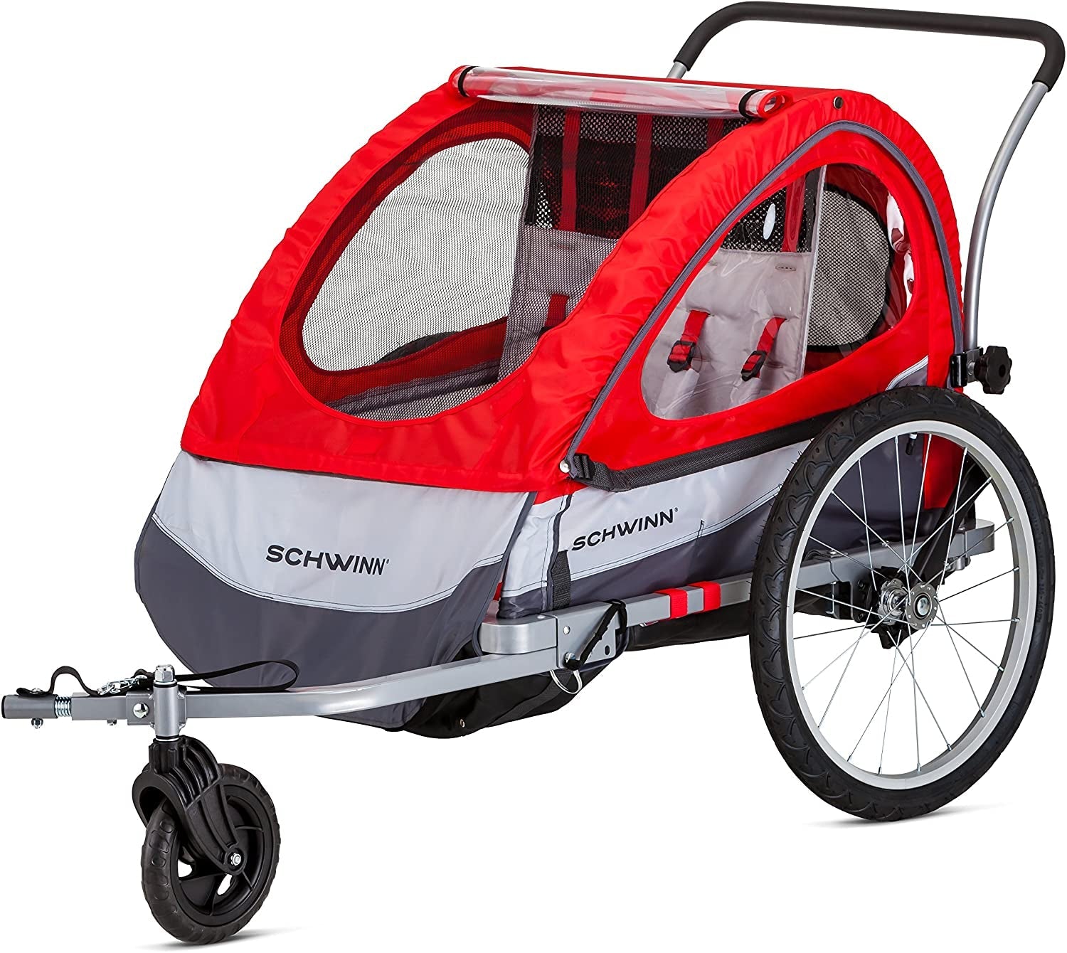 Schwinn Trailblazer Double Child Bike Trailer for Two Children, Maximum Capacity 80 lbs, Canopy, 20-Inch Air-Filled Tires, Red - thewrightstore