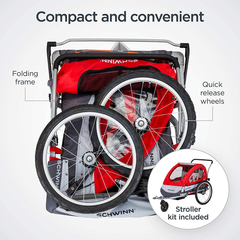 Schwinn Trailblazer Double Child Bike Trailer for Two Children, Maximum Capacity 80 lbs, Canopy, 20-Inch Air-Filled Tires, Red - thewrightstore