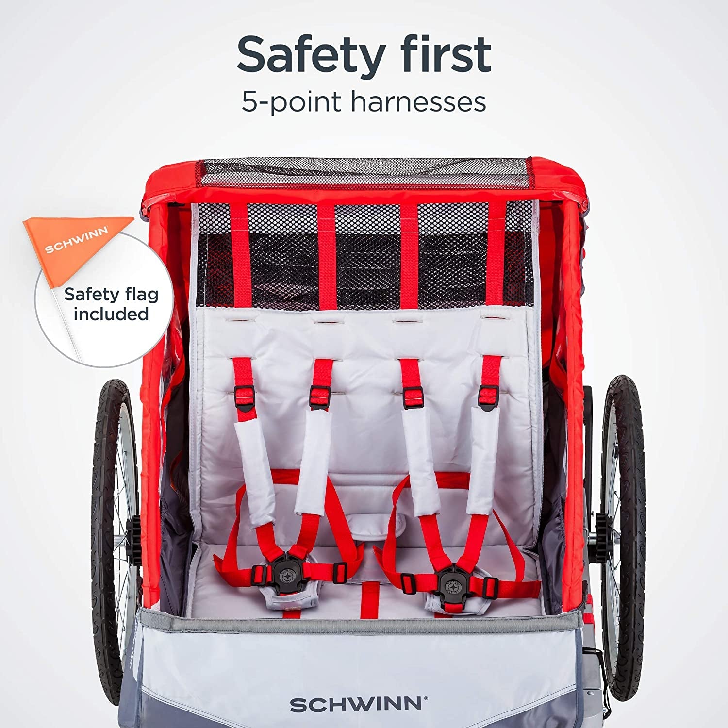 Schwinn Trailblazer Double Child Bike Trailer for Two Children, Maximum Capacity 80 lbs, Canopy, 20-Inch Air-Filled Tires, Red - thewrightstore