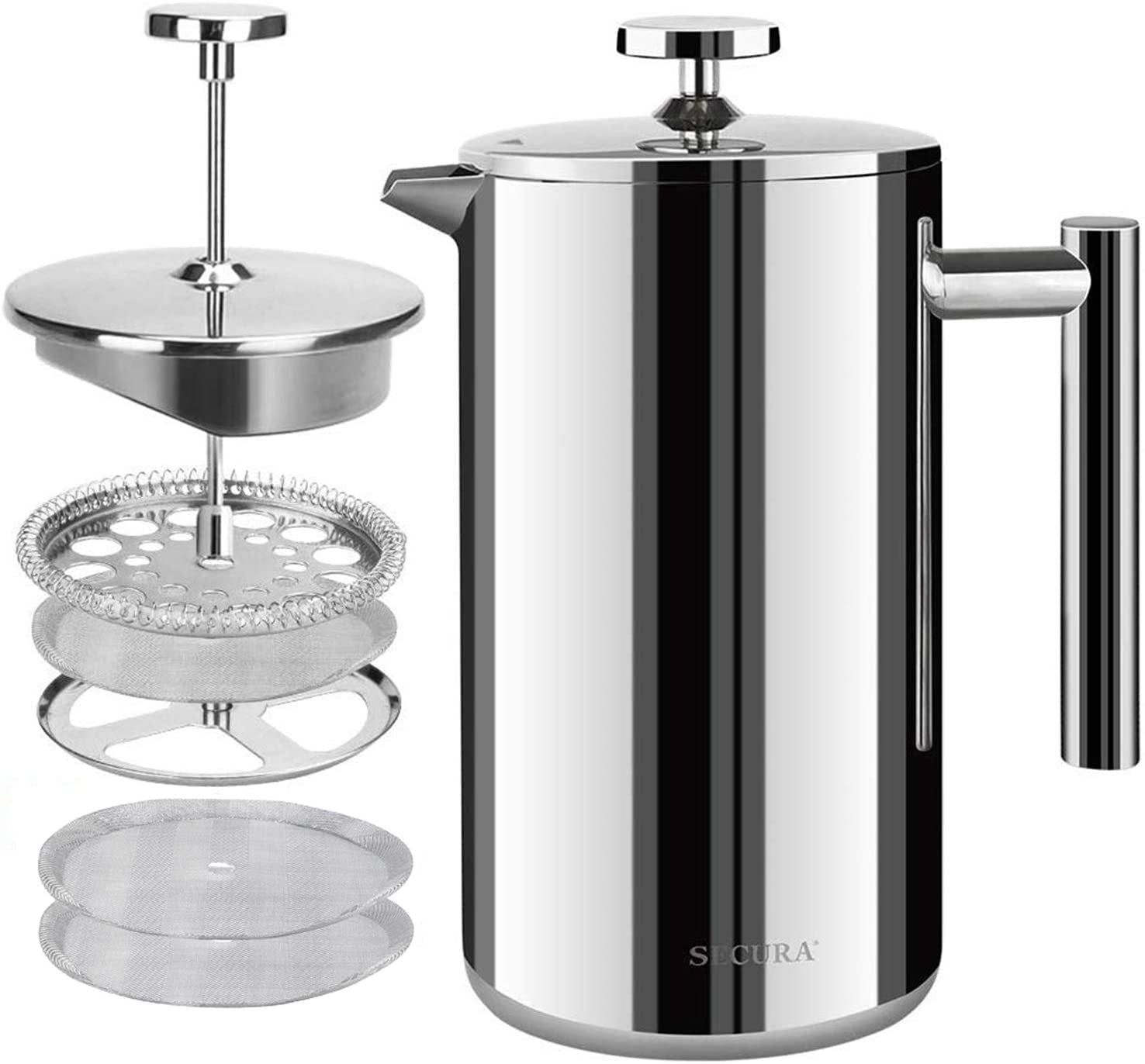 Secura 50oz (1.5L) French Press Coffee Maker - Insulated 304 Stainless Steel with 2 Extra Screens, Silver - thewrightstore