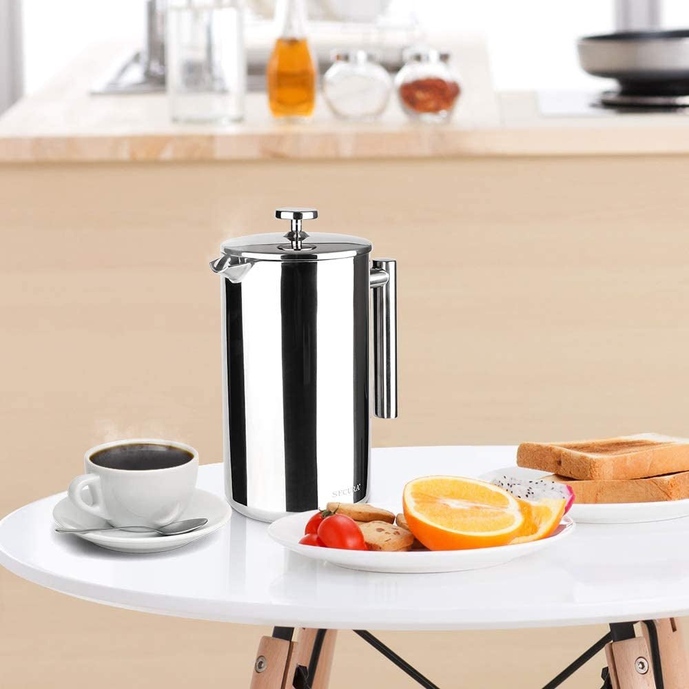 Secura 50oz (1.5L) French Press Coffee Maker - Insulated 304 Stainless Steel with 2 Extra Screens, Silver - thewrightstore