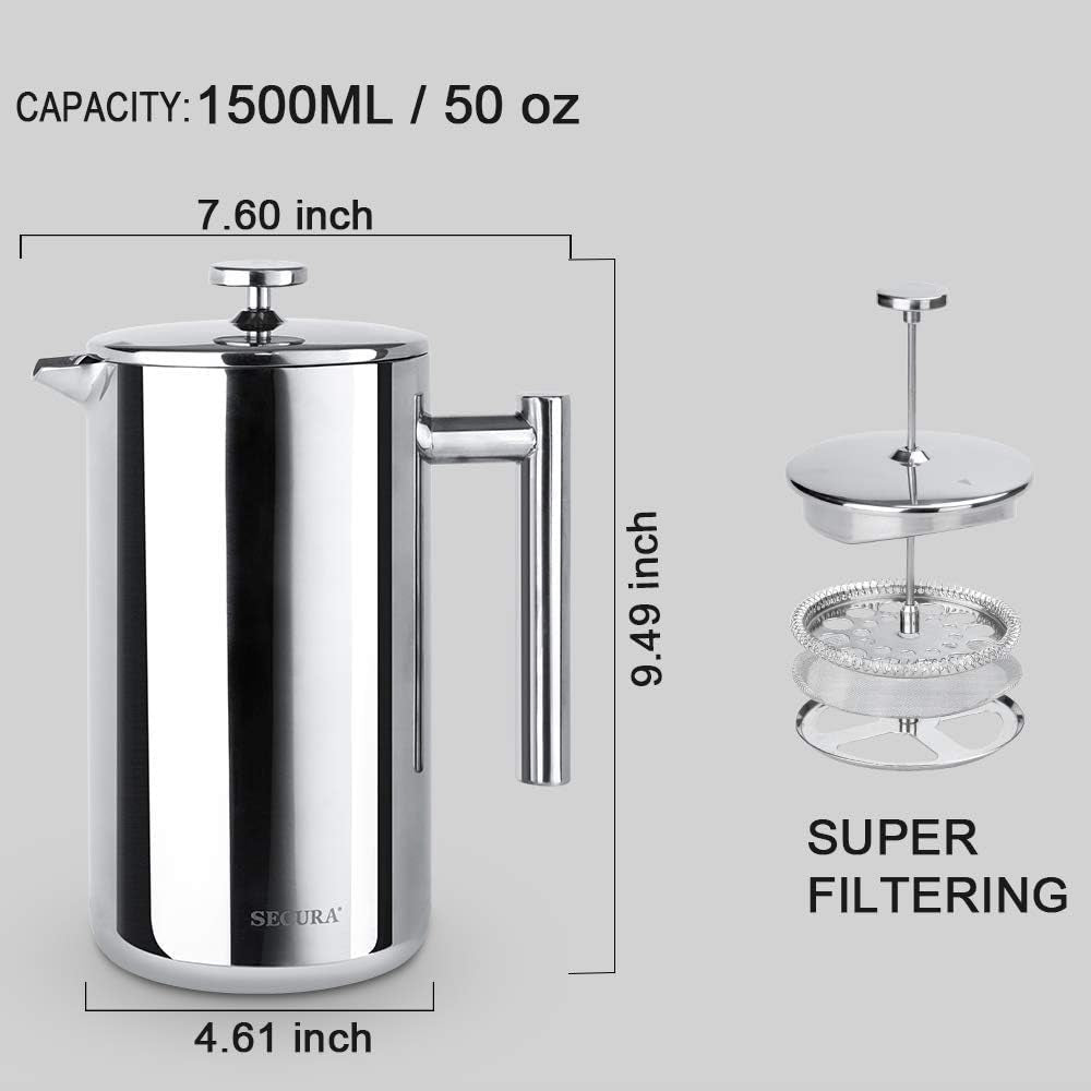Secura 50oz (1.5L) French Press Coffee Maker - Insulated 304 Stainless Steel with 2 Extra Screens, Silver - thewrightstore
