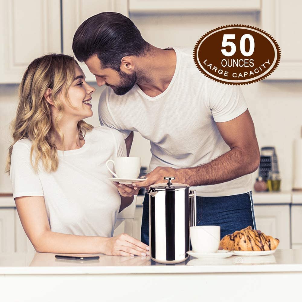 Secura 50oz (1.5L) French Press Coffee Maker - Insulated 304 Stainless Steel with 2 Extra Screens, Silver - thewrightstore