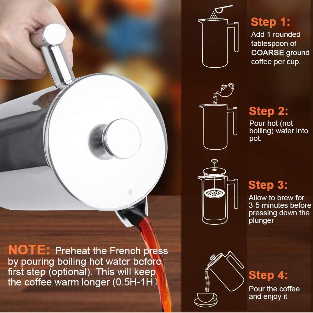 Secura 50oz (1.5L) French Press Coffee Maker - Insulated 304 Stainless Steel with 2 Extra Screens, Silver - thewrightstore