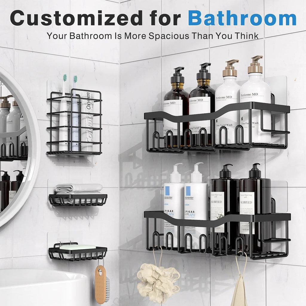 Shower Caddy, Shower Shelves 5 Pack, Adhesive Shower Organizer for Bathroom & Kitchen, No Drilling, Large Capacity, Rustproof SUS304 Stainless Steel Bathroom Organizer, Bathroom Accessories, Black - thewrightstore