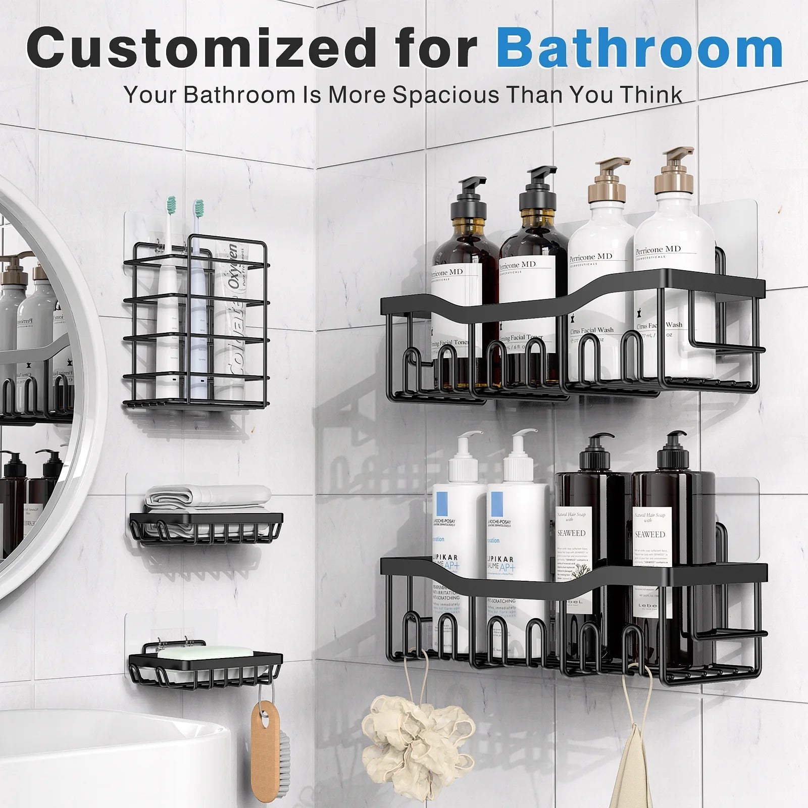 Shower Caddy, Shower Shelves 5 Pack, Adhesive Shower Organizer for Bathroom & Kitchen, No Drilling, Large Capacity, Rustproof SUS304 Stainless Steel Bathroom Organizer, Bathroom Accessories, Black - thewrightstore