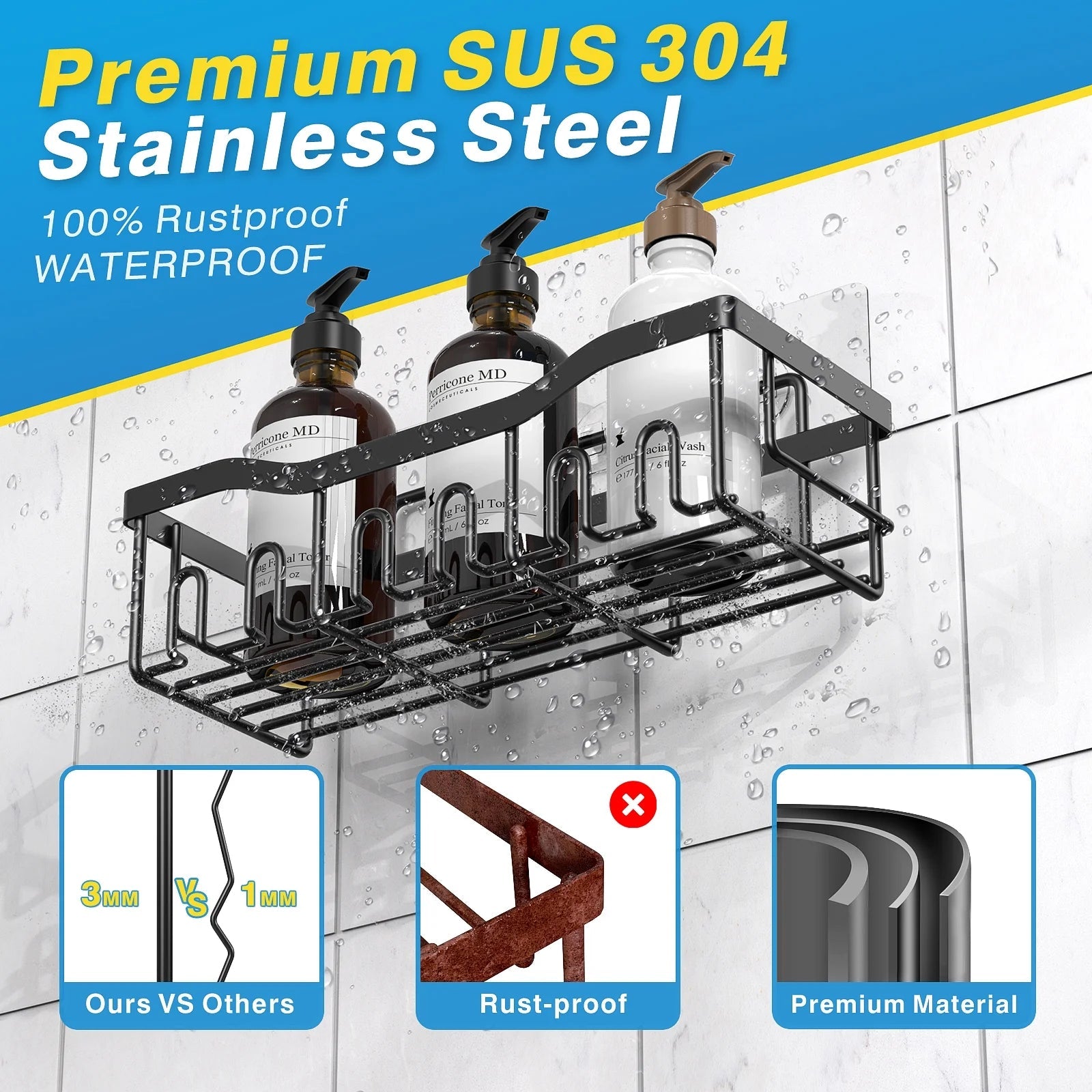 Shower Caddy, Shower Shelves 5 Pack, Adhesive Shower Organizer for Bathroom & Kitchen, No Drilling, Large Capacity, Rustproof SUS304 Stainless Steel Bathroom Organizer, Bathroom Accessories, Black - thewrightstore