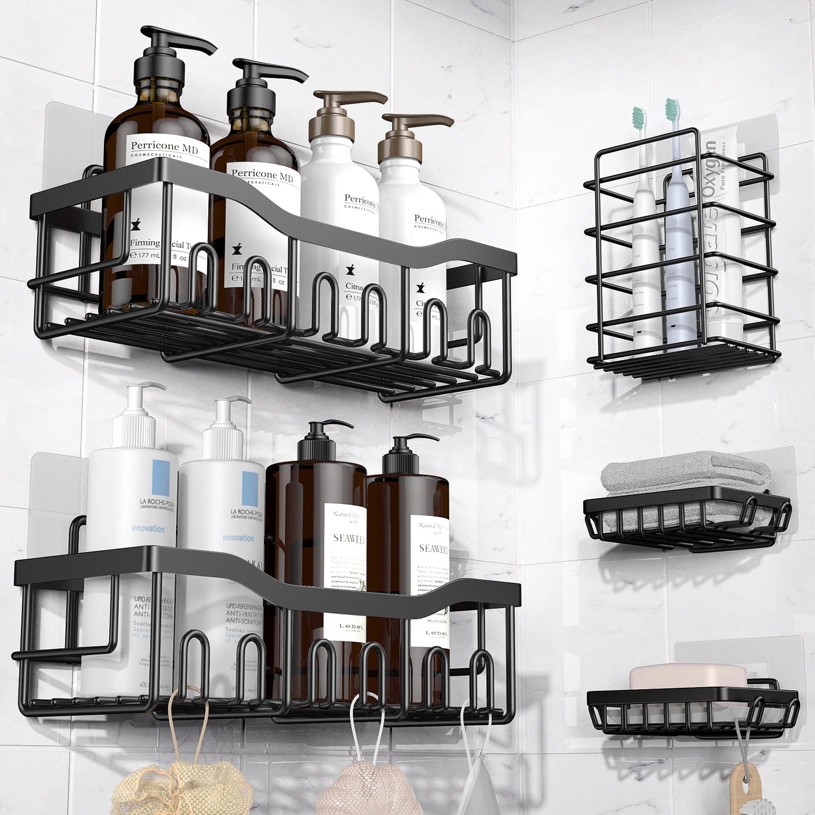 Shower Caddy, Shower Shelves 5 Pack, Adhesive Shower Organizer for Bathroom & Kitchen, No Drilling, Large Capacity, Rustproof SUS304 Stainless Steel Bathroom Organizer, Bathroom Accessories, Black - thewrightstore