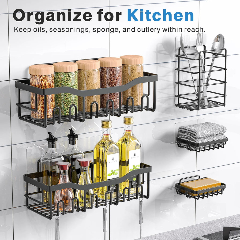 Shower Caddy, Shower Shelves 5 Pack, Adhesive Shower Organizer for Bathroom & Kitchen, No Drilling, Large Capacity, Rustproof SUS304 Stainless Steel Bathroom Organizer, Bathroom Accessories, Black - thewrightstore