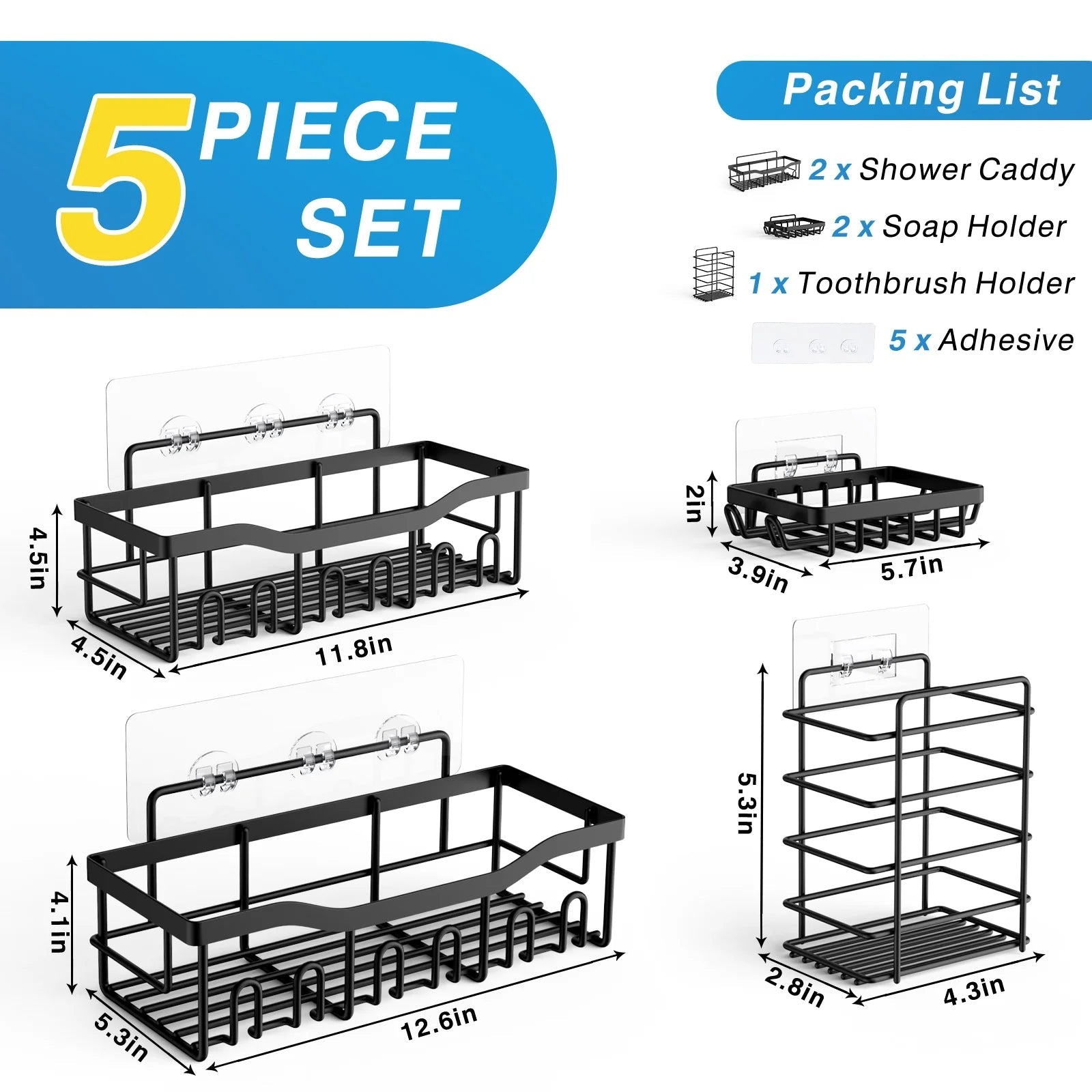 Shower Caddy, Shower Shelves 5 Pack, Adhesive Shower Organizer for Bathroom & Kitchen, No Drilling, Large Capacity, Rustproof SUS304 Stainless Steel Bathroom Organizer, Bathroom Accessories, Black - thewrightstore