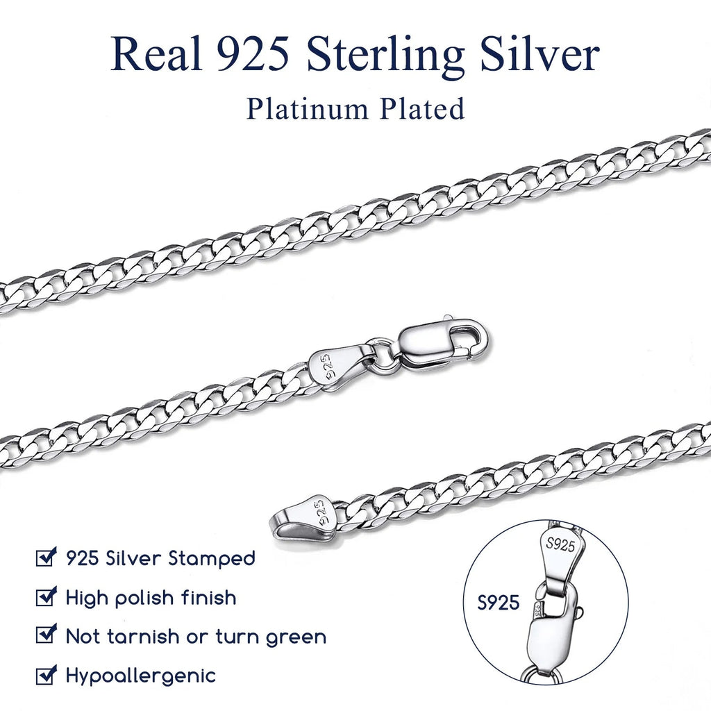 Solid 925 Sterling Silver Chain Necklace, 3Mm Flat Curb Cuban Link Chain for Men Women - thewrightstore