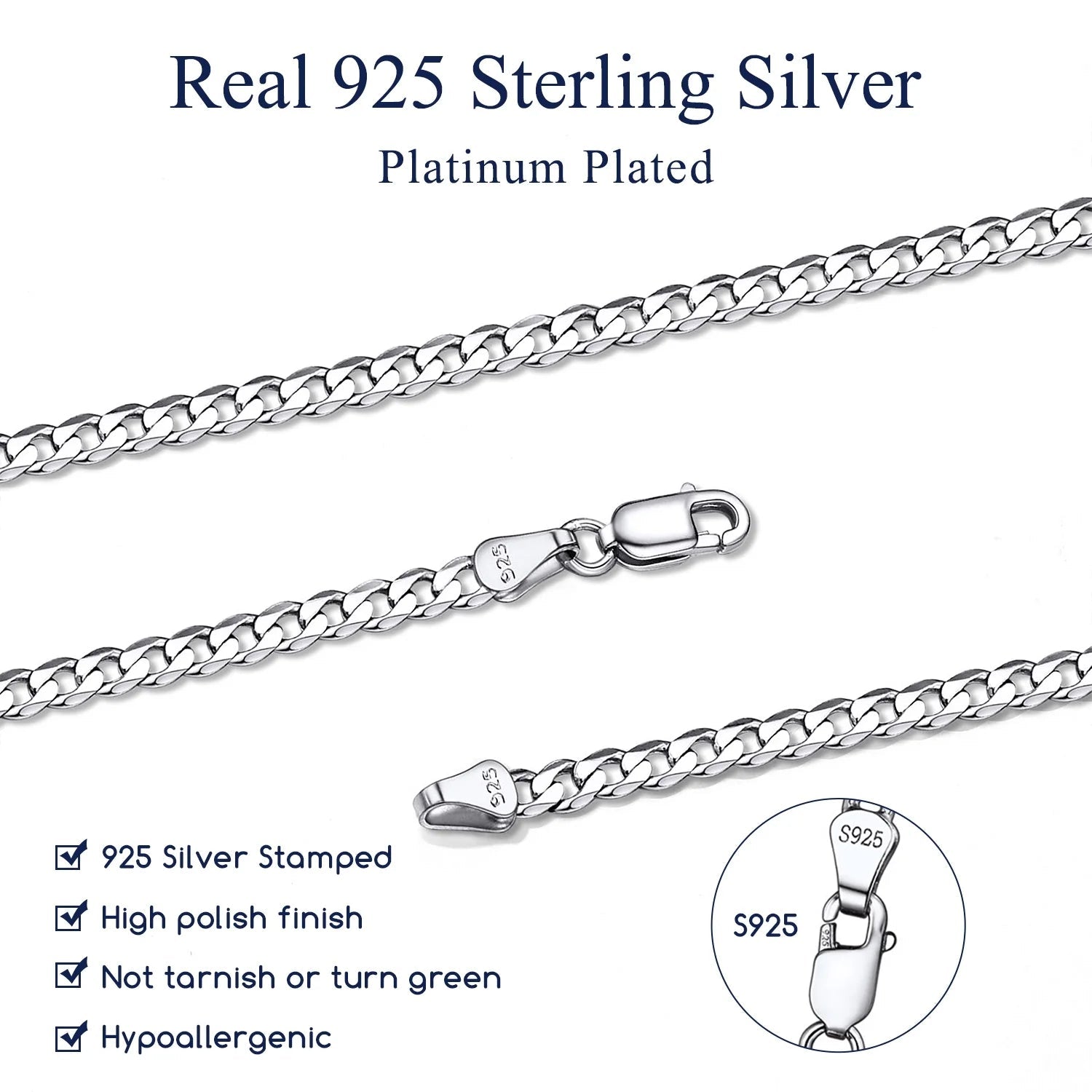 Solid 925 Sterling Silver Chain Necklace, 3Mm Flat Curb Cuban Link Chain for Men Women - thewrightstore