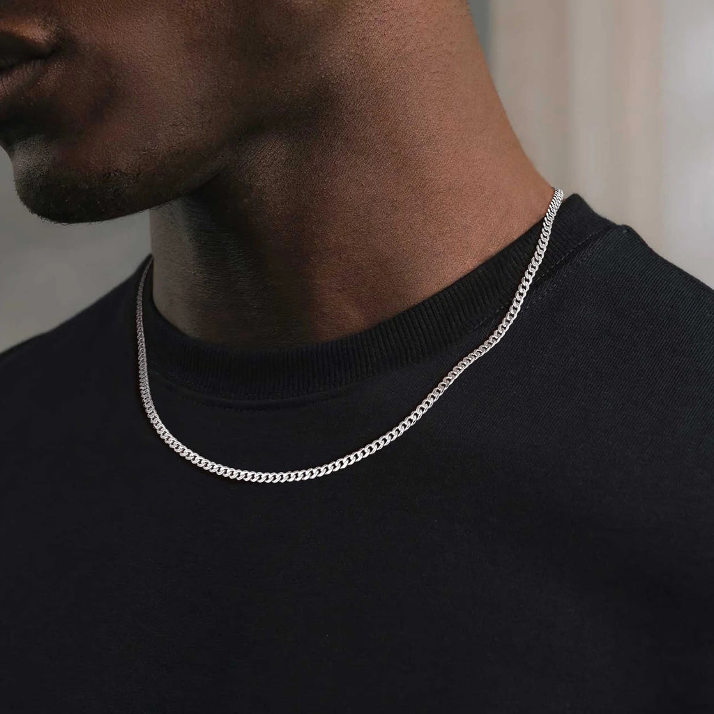 Solid 925 Sterling Silver Chain Necklace, 3Mm Flat Curb Cuban Link Chain for Men Women - thewrightstore