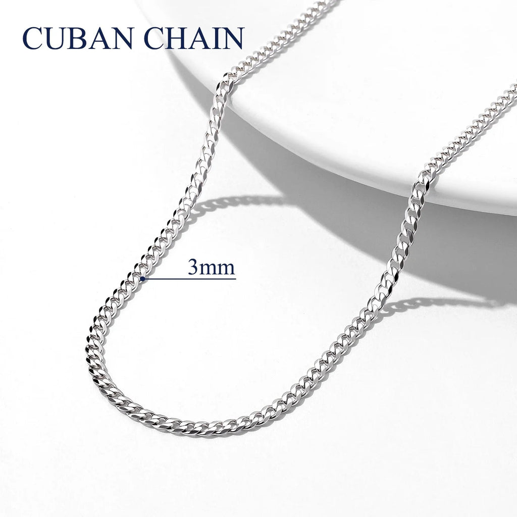 Solid 925 Sterling Silver Chain Necklace, 3Mm Flat Curb Cuban Link Chain for Men Women - thewrightstore